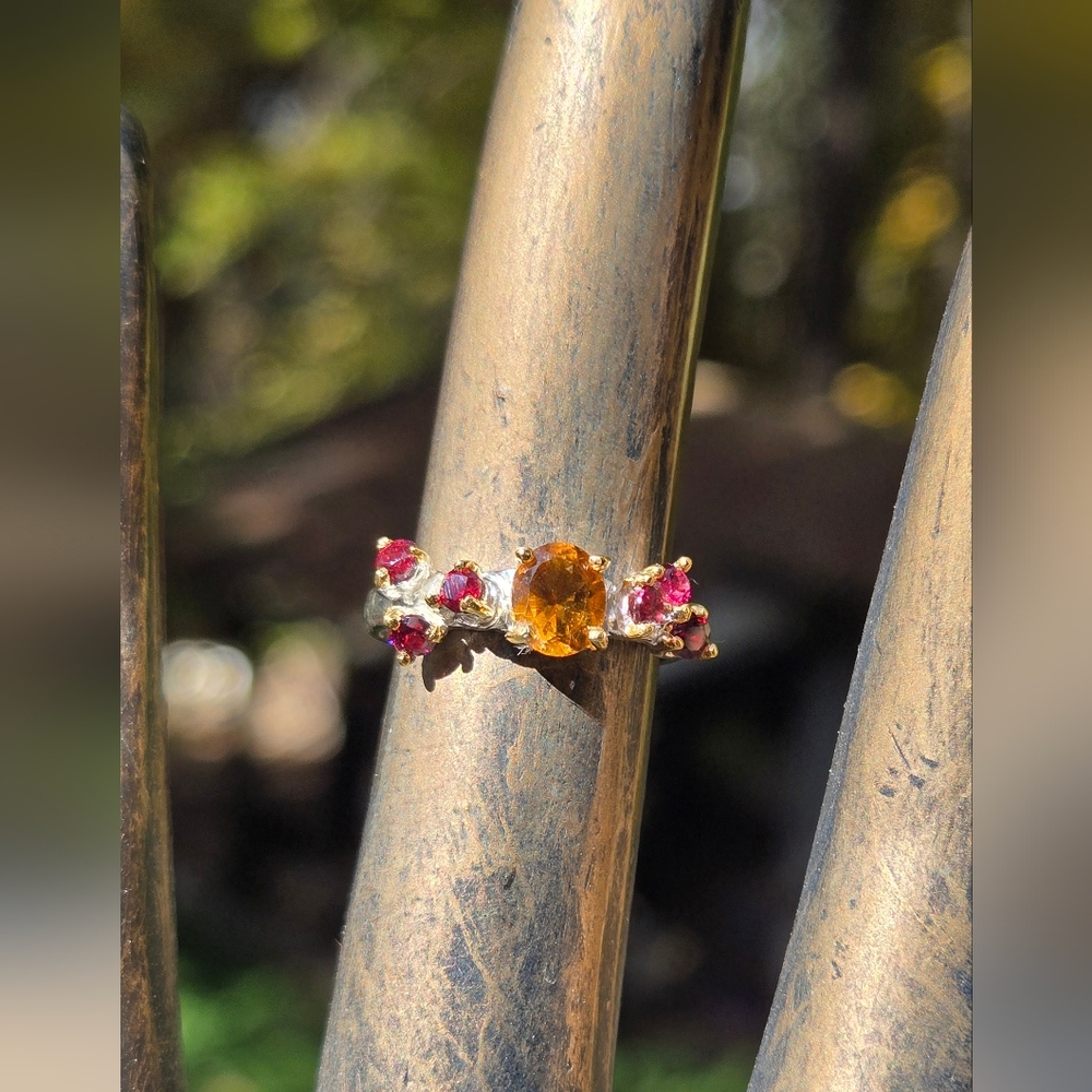 Citrine & Rhodolite Natural Gemstone Sterling & Gold Ring Sz6 - Picture 5 of 8